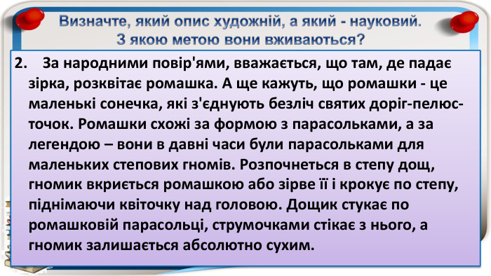 2. За народними повір'ями, вважається, що там, де падає зірка, розквітає ромашка. А ще кажуть, що ромашки - це маленькі сонечка, які з'єднують безліч святих доріг-пелюс-точок. Ромашки схожі за формою з парасольками, а за легендою – вони в давні часи були парасольками для маленьких степових гномів. Розпочнеться в степу дощ, гномик вкриється ромашкою або зірве її і крокує по степу, піднімаючи квіточку над головою. Дощик стукає по ромашковій парасольці, струмочками стікає з нього, а гномик залишається абсолютно сухим. Визначте, який опис художній, а який - науковий. З якою метою вони вживаються?