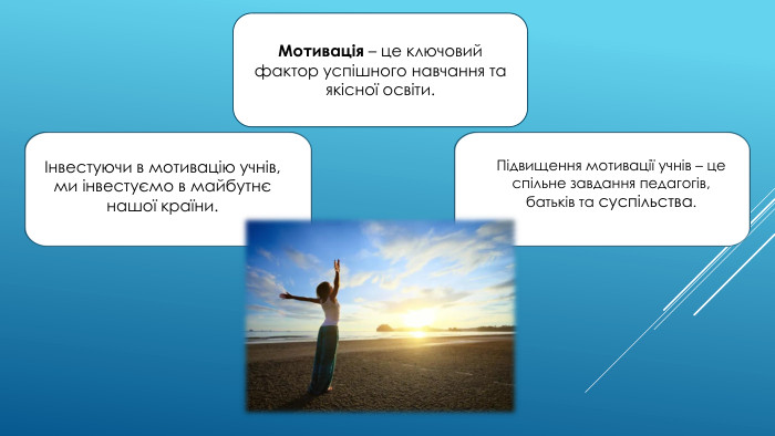 Мотивація – це ключовий фактор успішного навчання та якісної освіти. Підвищення мотивації учнів – це спільне завдання педагогів, батьків та суспільства.Інвестуючи в мотивацію учнів, ми інвестуємо в майбутнє нашої країни.