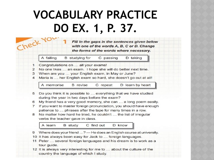 Vocabulary practice. Do ex. 1, p. 37.