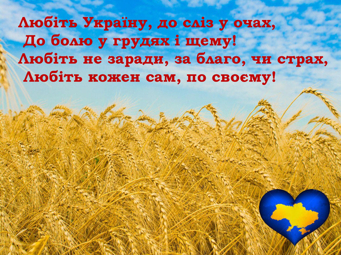 Любіть Україну, до сліз у очах, До болю у грудях і щему! Любіть не заради, за благо, чи страх, Любіть кожен сам, по своєму!