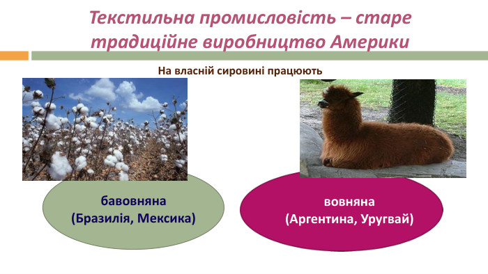 Текстильна промисловість – старе традиційне виробництво Америки  На власній сировині працюють  бавовняна (Бразилія, Мексика)вовняна (Аргентина, Уругвай) 