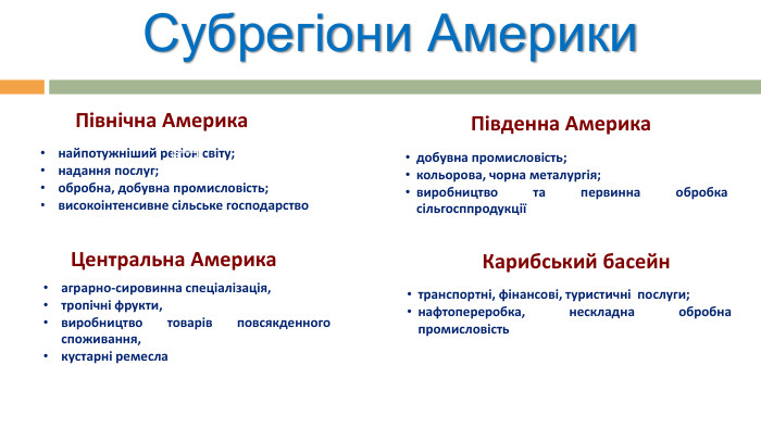 Субрегіони Америкинайпотужніший регіон світу;надання послуг;обробна, добувна промисловість;високоінтенсивне сільське господарство. Північна Америка. Центральна Америкааграрно-сировинна спеціалізація, тропічні фрукти, виробництво товарів повсякденного споживання, кустарні ремесла. Південна Америкадобувна промисловість;кольорова, чорна металургія;виробництво та первинна обробка сільгосппродукціїКарибський басейнтранспортні, фінансові, туристичні послуги;нафтопереробка, нескладна обробна промисловість