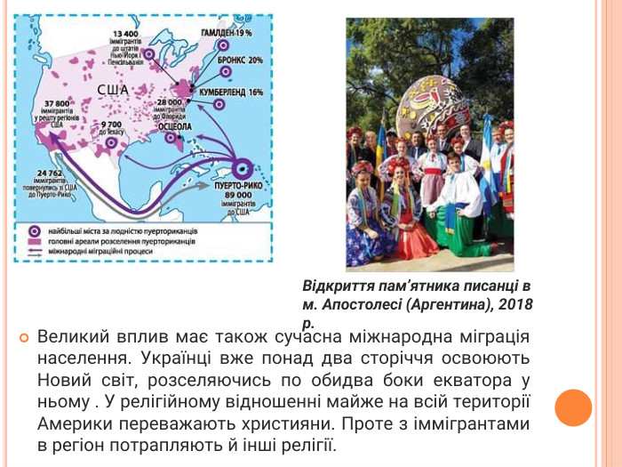 Великий вплив має також сучасна міжнародна міграція населення. Українці вже понад два сторіччя освоюють Новий світ, розселяючись по обидва боки екватора у ньому . У релігійному відношенні майже на всій території Америки переважають християни. Проте з іммігрантами в регіон потрапляють й інші релігії. Відкриття пам’ятника писанці в м. Апостолесі (Аргентина), 2018 р.