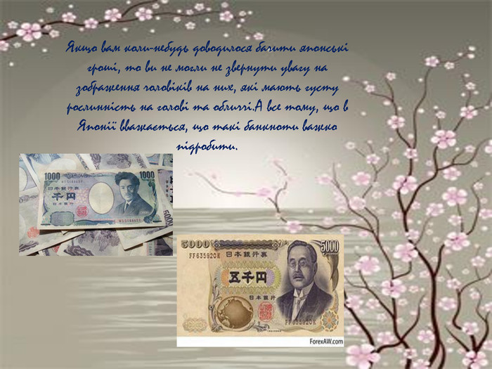  Якщо вам коли-небудь доводилося бачити японські гроші, то ви не могли не звернути увагу на зображення чоловіків на них, які мають густу рослинність на голові та обличчі. А все тому, що в Японії вважається, що такі банкноти важко підробити. 