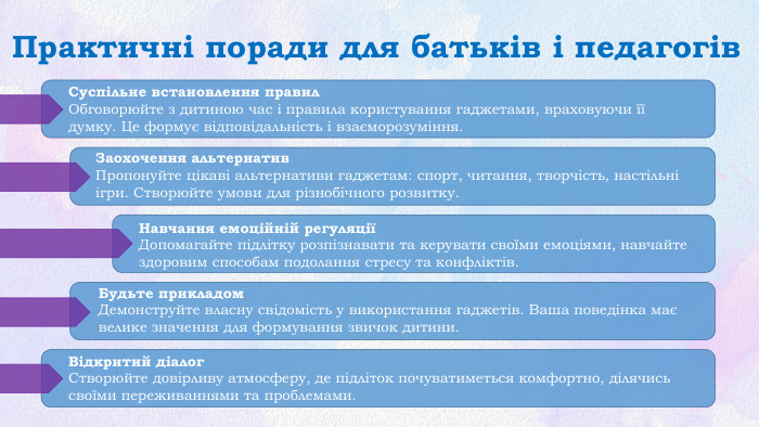 Практичні поради для батьків і педагогів. Суспільне встановлення правил. Обговорюйте з дитиною час і правила користування гаджетами, враховуючи її думку. Це формує відповідальність і взаєморозуміння. Будьте прикладом. Демонструйте власну свідомість у використання гаджетів. Ваша поведінка має велике значення для формування звичок дитини. Заохочення альтернатив. Пропонуйте цікаві альтернативи гаджетам: спорт, читання, творчість, настільні ігри. Створюйте умови для різнобічного розвитку. Відкритий діалог. Створюйте довірливу атмосферу, де підліток почуватиметься комфортно, ділячись своїми переживаннями та проблемами. Навчання емоційній регуляціїДопомагайте підлітку розпізнавати та керувати своїми емоціями, навчайте здоровим способам подолання стресу та конфліктів.