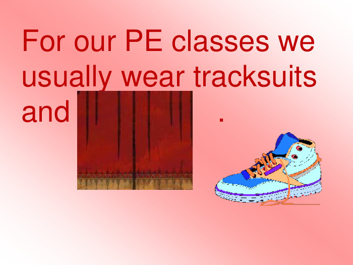 For our PE classes we usually wear tracksuits and trainers .