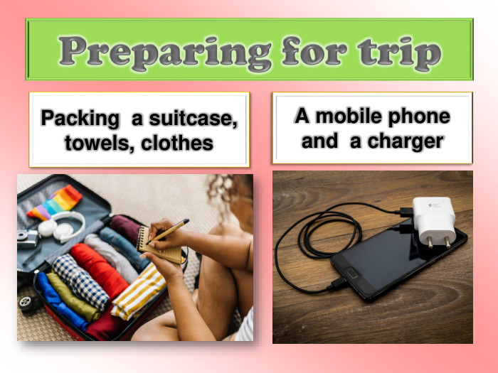 Preparing for trip. Packing a suitcase, towels, clothes. A mobile phone and a charger