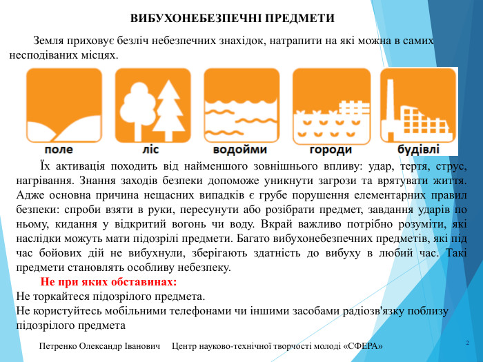Петренко Олександр Іванович Центр науково-технічної творчості молоді «СФЕРА» 2 Вибухонебезпечні предмети	Земля приховує безліч небезпечних знахідок, натрапити на які можна в самих несподіваних місцях.	Їх активація походить від найменшого зовнішнього впливу: удар, тертя, струс, нагрівання. Знання заходів безпеки допоможе уникнути загрози та врятувати життя. Адже основна причина нещасних випадків є грубе порушення елементарних правил безпеки: спроби взяти в руки, пересунути або розібрати предмет, завдання ударів по ньому, кидання у відкритий вогонь чи воду. Вкрай важливо потрібно розуміти, які наслідки можуть мати підозрілі предмети. Багато вибухонебезпечних предметів, які під час бойових дій не вибухнули, зберігають здатність до вибуху в любий час. Такі предмети становлять особливу небезпеку.	Не при яких обставинах: Не торкайтеся підозрілого предмета. Не користуйтесь мобільними телефонами чи іншими засобами радіозв'язку поблизу підозрілого предмета