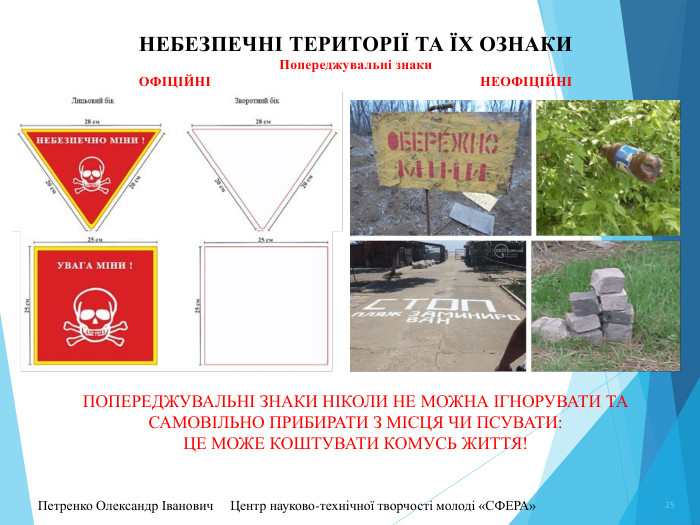 Небезпечні території та їх ознаки. Попереджувальні знаки. ОФІЦІЙНІ НЕОФІЦІЙНІПетренко Олександр Іванович Центр науково-технічної творчості молоді «СФЕРА» 25 ПОПЕРЕДЖУВАЛЬНІ ЗНАКИ НІКОЛИ НЕ МОЖНА ІГНОРУВАТИ ТА САМОВІЛЬНО ПРИБИРАТИ З МІСЦЯ ЧИ ПСУВАТИ: ЦЕ МОЖЕ КОШТУВАТИ КОМУСЬ ЖИТТЯ!