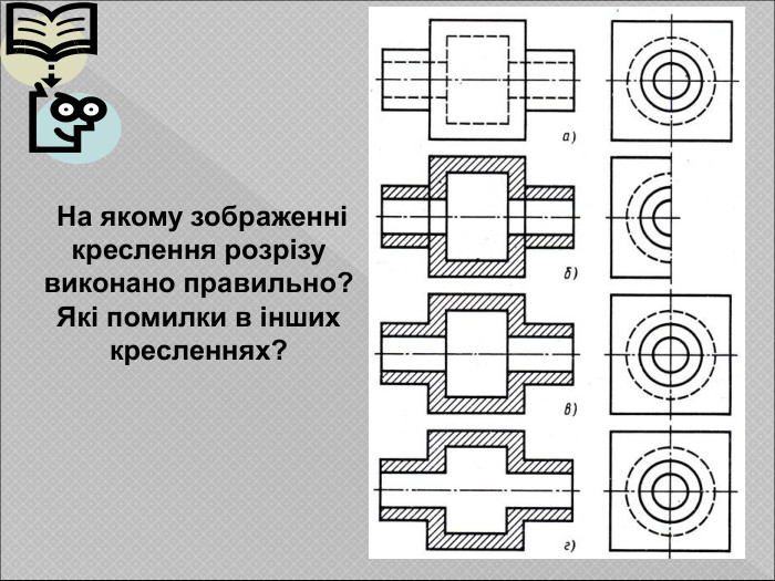  На якому зображенні креслення розрізу  виконано правильно? Які помилки в інших кресленнях? 