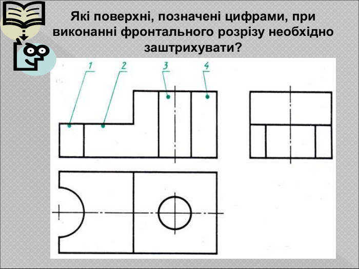 Які поверхні, позначені цифрами, при  виконанні фронтального розрізу необхідно заштрихувати?  