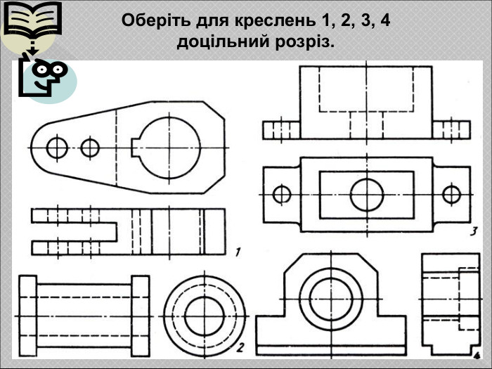 Оберіть для креслень 1, 2, 3, 4  доцільний розріз.  