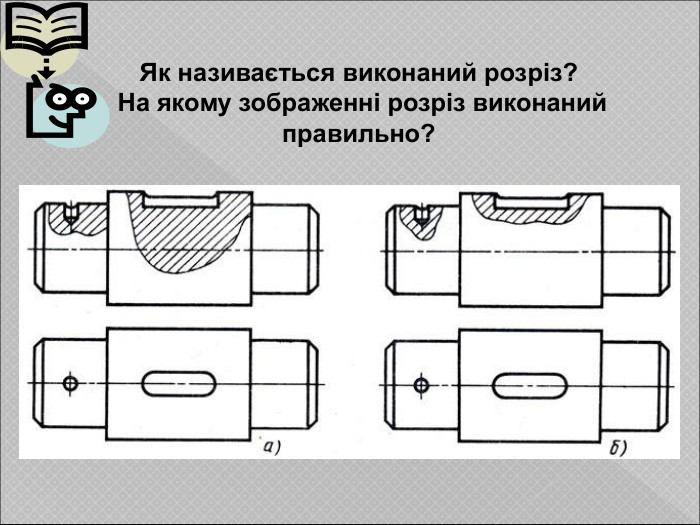 Як називається виконаний розріз?  На якому зображенні розріз виконаний правильно? 