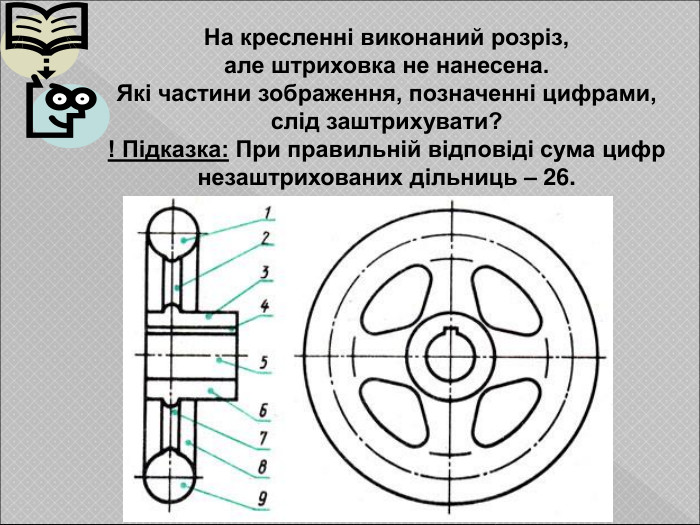 На кресленні виконаний розріз,  але штриховка не нанесена. Які частини зображення, позначенні цифрами,   слід заштрихувати? ! Підказка: При правильній відповіді сума цифр незаштрихованих дільниць – 26. 