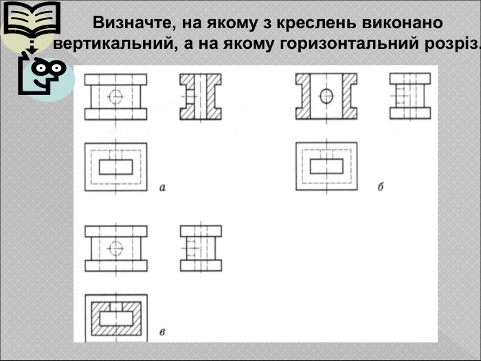 Визначте, на якому з креслень виконано вертикальний, а на якому горизонтальний розріз. 