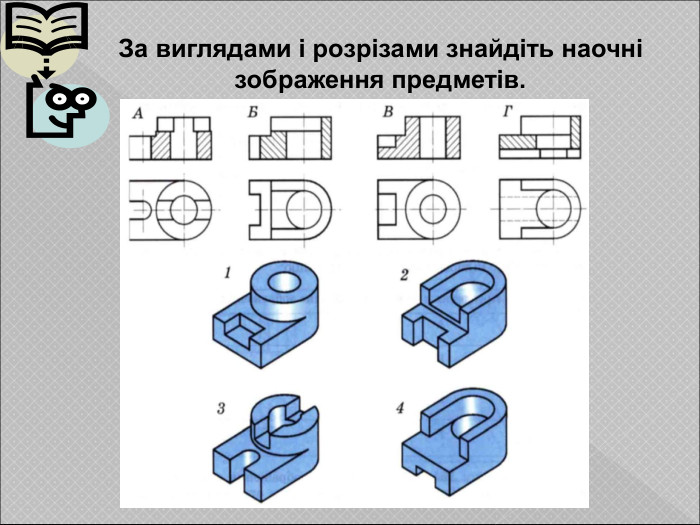 За виглядами і розрізами знайдіть наочні зображення предметів. 