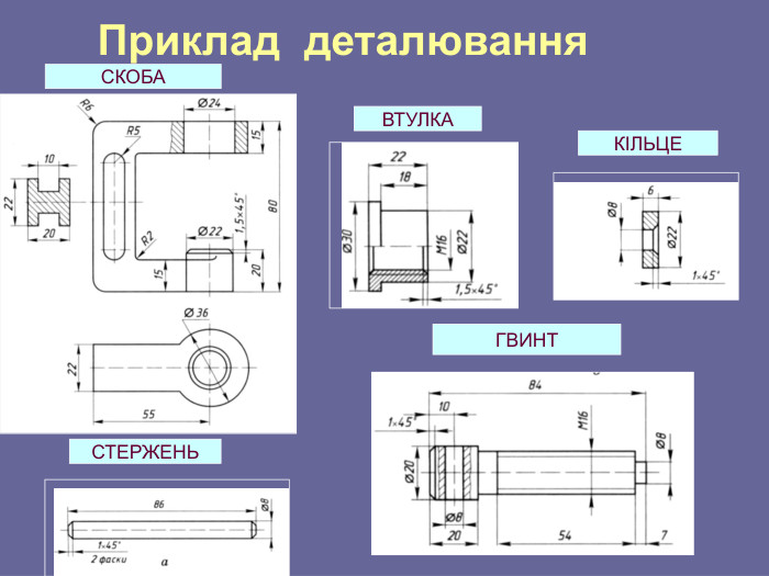 Приклад  деталювання СКОБА ВТУЛКА КІЛЬЦЕ СТЕРЖЕНЬ ГВИНТ 
