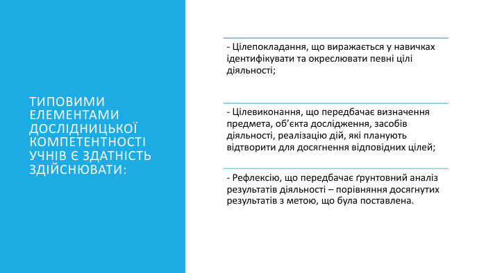 Типовими елементами дослідницької компетентності учнів є здатність здійснювати: 