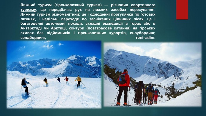 Лижний туризм (гірськолижний туризм) — різновид спортивного туризму, що передбачає рух на лижних засобах пересування. Лижний туризм різноманітний: це і одноденні прогулянки по готових лижнях, і недільні переходи по засніжених цілинних лісах, це і багатоденні автономні походи, складні експедиції в горах або в Антарктиді чи Арктиці, скі-тури (позатрасове катання) на гірських схилах без підйомників і гірськолижних курортів, сноубординг, сендбординг, гелі-скіїнг.