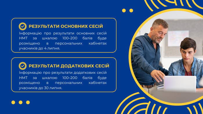 РЕЗУЛЬТАТИ ОСНОВНИХ СЕСІЙРЕЗУЛЬТАТИ ДОДАТКОВИХ СЕСІЙІнформацію про результати основних сесій НМТ за шкалою 100–200 балів буде розміщено в персональних кабінетах учасників до 4 липня.Інформацію про результати додаткових сесій НМТ за шкалою 100–200 балів буде розміщено в персональних кабінетах учасників до 30 липня.