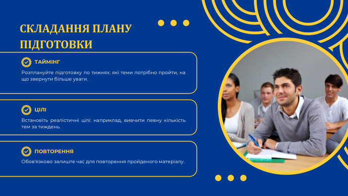 СКЛАДАННЯ ПЛАНУ ПІДГОТОВКИТАЙМІНГЦІЛІРозплануйте підготовку по тижнях: які теми потрібно пройти, на що звернути більше уваги. Встановіть реалістичні цілі: наприклад, вивчити певну кількість тем за тиждень. ПОВТОРЕННЯОбов'язково залиште час для повторення пройденого матеріалу.