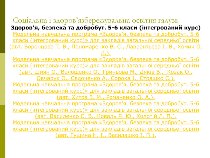 Здоров’я, безпека та добробут. 5-6 класи (інтегрований курс) Модельна навчальна програма «Здоров’я, безпека та добробут. 5-6 класи (інтегрований курс)» для закладів загальної середньої освіти (авт. Воронцова Т. В., Пономаренко В. С., Лаврентьєва І. В., Хомич О. Л.). Модельна навчальна програма «Здоров’я, безпека та добробут. 5-6 класи (інтегрований курс)» для закладів загальної середньої освіти (авт. Шиян О., Волощенко О., Гриньова М., Дяків В.,  Козак О., Овчарук О., Седоченко А., Сорока І., Страшко С.). Модельна навчальна програма «Здоров’я, безпека та добробут. 5-6 класи (інтегрований курс)» для закладів загальної середньої освіти (авт. Хитра З. М., Романенко О. А.). Модельна навчальна програма «Здоров’я, безпека та добробут. 5-6 класи (інтегрований курс)» для закладів загальної середньої освіти (авт. Василенко С. В., Коваль Я. Ю., Колотій Л. П.). Модельна навчальна програма «Здоров’я, безпека та добробут. 5-6 класи (інтегрований курс)» для закладів загальної середньої освіти (авт. Гущина Н. І., Василашко І. П.).     Соціальна і здоров’язбережувальна освітня галузь  