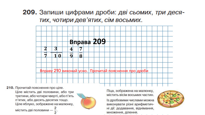 . Вправа 209𝟐𝟕 𝟑    𝟏 𝟎  𝟒𝟗 𝟕𝟖 Вправу 210 виконай усно. Прочитай пояснення про дроби