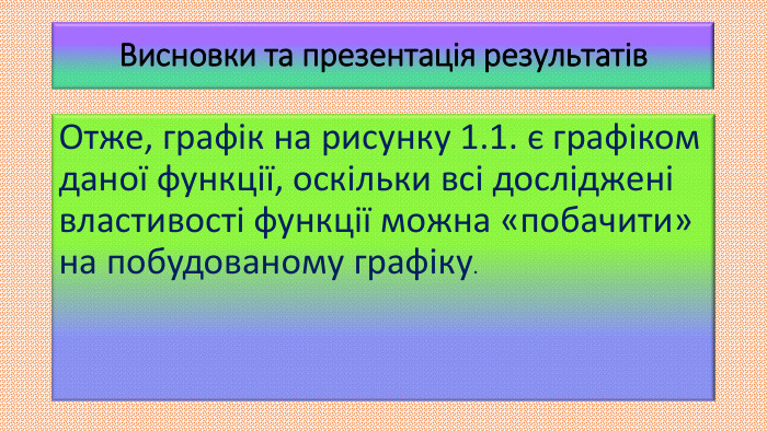 Висновки та презентація результатів. Отже, графік на рисунку 1.1. є графіком даної функції, оскільки всі досліджені властивості функції можна «побачити» на побудованому графіку. 