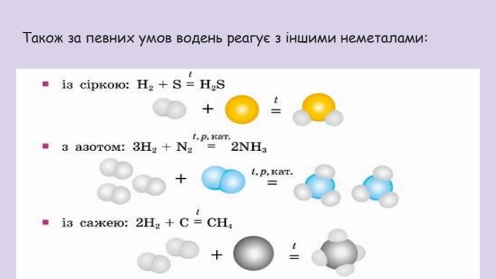 Також за певних умов водень реагує з іншими неметалами: