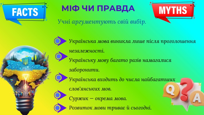 Українська мова виникла лише після проголошення незалежності. Українську мову багато разів намагалися заборонити. Українська входить до числа найбагатших слов'янських мов. Суржик — окрема мова. Розвиток мови триває й сьогодні. МІФ ЧИ ПРАВДАУчні аргументують свій вибір. 