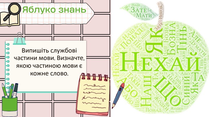 Випишіть службові частини мови. Визначте, якою частиною мови є кожне слово. Яблуко знань