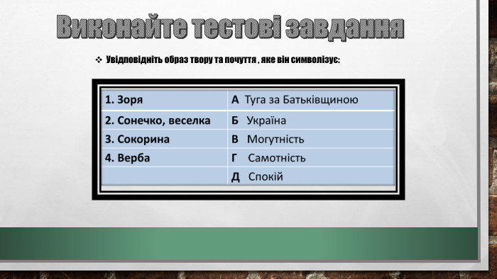 Виконайте тестові завдання. Увідповідніть образ твору та почуття , яке він символізує: