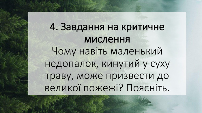 4. Завдання на критичне мислення. Чому навіть маленький недопалок, кинутий у суху траву, може призвести до великої пожежі? Поясніть. 
