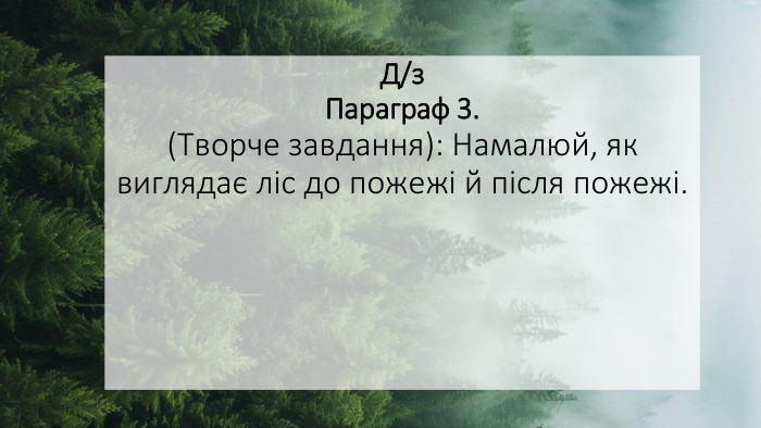 Д/з. Параграф 3. (Творче завдання): Намалюй, як виглядає ліс до пожежі й після пожежі.