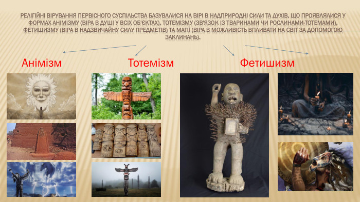 Релігійні вірування первісного суспільства базувалися на вірі в надприродні сили та духів, що проявлялися у формах анімізму (віра в душі у всіх об'єктах), тотемізму (зв'язок із тваринами чи рослинами-тотемами), фетишизму (віра в надзвичайну силу предметів) та магії (віра в можливість впливати на світ за допомогою заклинань). Анімізм Тотемізм Фетишизм Магія 
