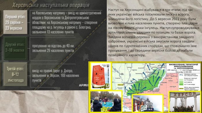 Наступ на Херсонщині відбувався в три етапи, під час яких українські війська посилювали тиск на ворога, знищуючи його логістику. До 5 вересня 2022 року були визволені кілька населених пунктів, створено плацдарм на лівому березі річки Інгулець. Наступ супроводжувався артилерійськими ударами по позиціях та базах ворога. Завдяки вогневій перевазі з використанням західного озброєння, українські війська змусили ворога завдати ударів по гідротехнічних спорудах, що сповільнило їхнє просування, і до середини вересня бойові дії набули позиційного характеру.