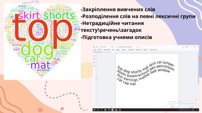 -Закріплення вивчених слів -Розподілення слів на певні лексичні групи -Нетрадиційне читання тексту\речень\загадок-Підготовка учнями описів