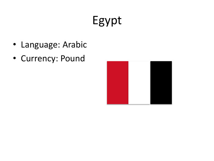 Egypt. Language: Arabic. Currency: Pound