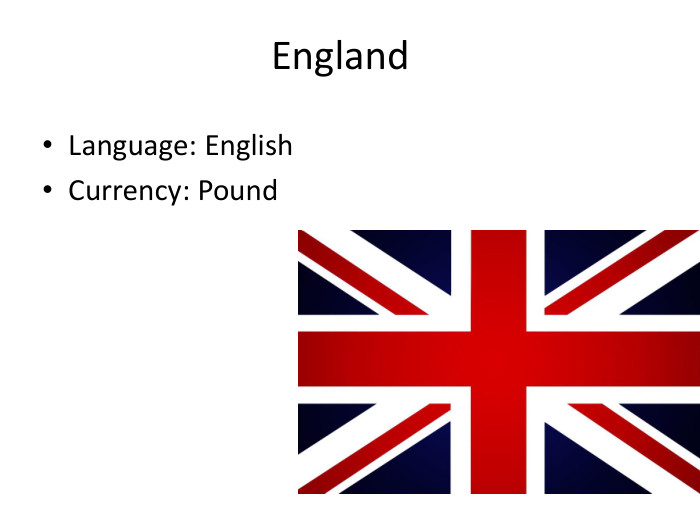England. Language: English. Currency: Pound