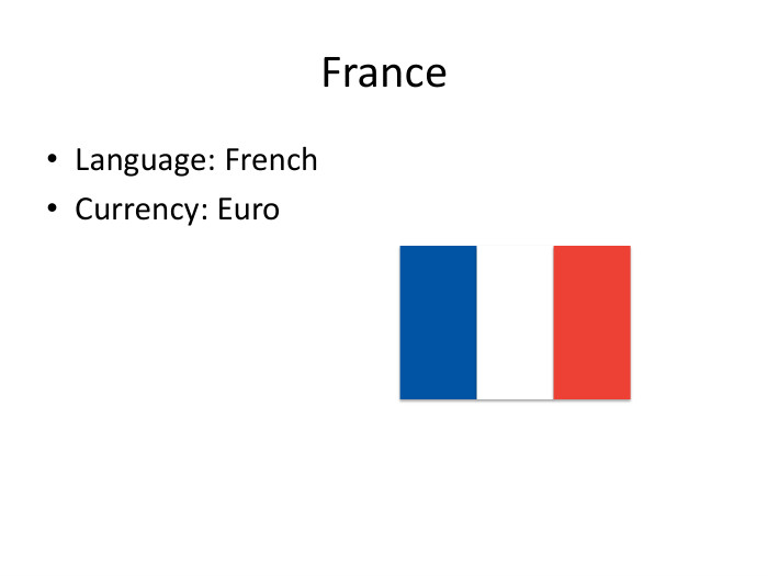 France. Language: French. Currency: Euro