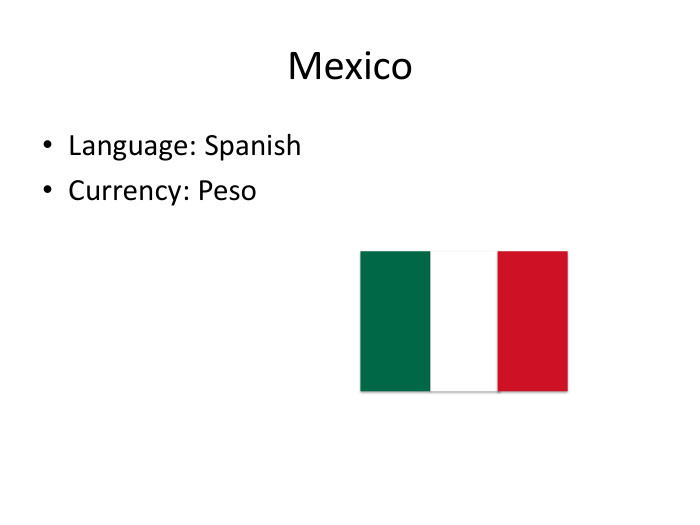 Mexico. Language: Spanish. Currency: Peso
