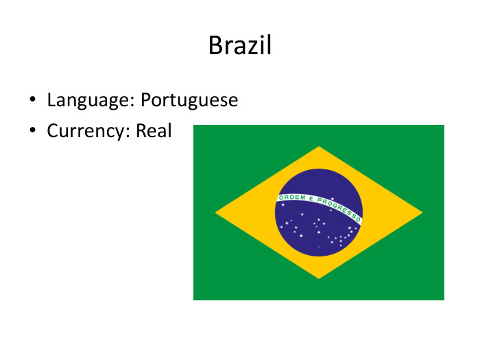 Brazil. Language: Portuguese. Currency: Real