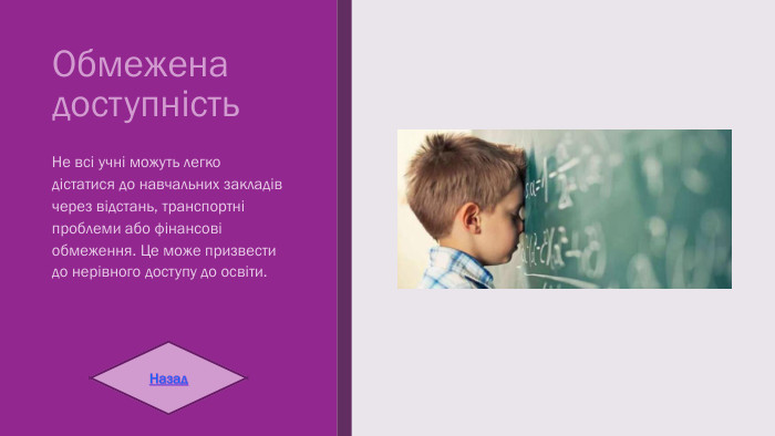 Обмежена доступність Не всі учні можуть легко дістатися до навчальних закладів через відстань, транспортні проблеми або фінансові обмеження. Це може призвести до нерівного доступу до освіти. Назад