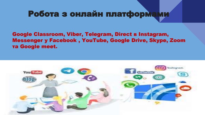 Робота з онлайн платформами. Google Classroom, Viber, Telegram, Direct в Instagram, Messenger у Facebook , You. Tube, Google Drive, Skype, Zoom та Google meet.