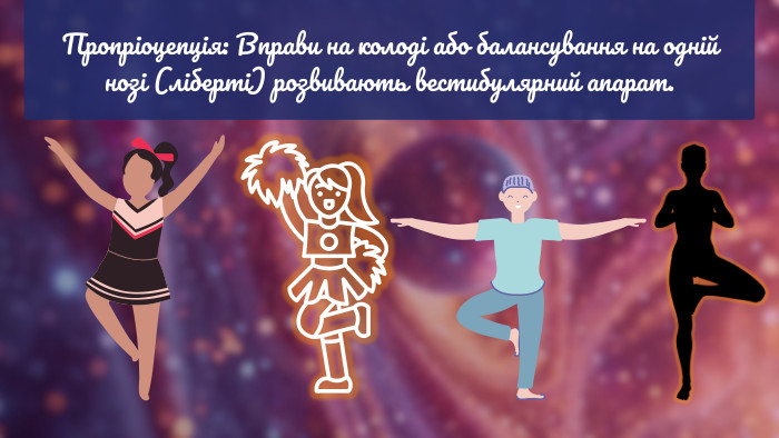 Пропріоцепція: Вправи на колоді або балансування на одній нозі (ліберті) розвивають вестибулярний апарат.