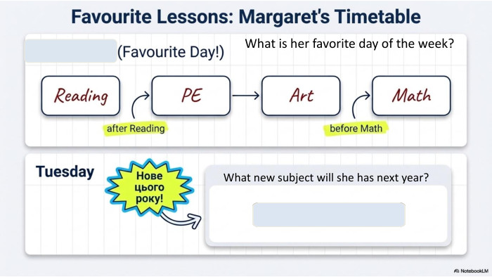 What new subject will she has next year?What is her favorite day of the week?