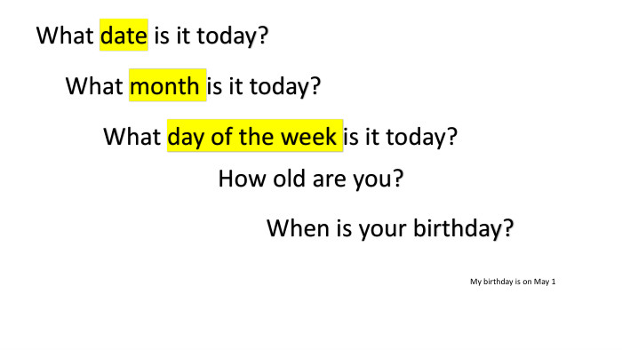 When is your birthday?What month is it today?What day of the week is it today?How old are you?What date is it today?My birthday is on May 1