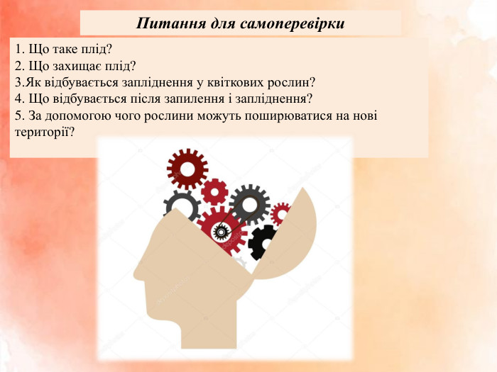 Питання для самоперевірки 1. Що таке плід?2. Що захищає плід?3. Як відбувається запліднення у квіткових рослин?4. Що відбувається після запилення і запліднення?5. За допомогою чого рослини можуть поширюватися на нові території? 