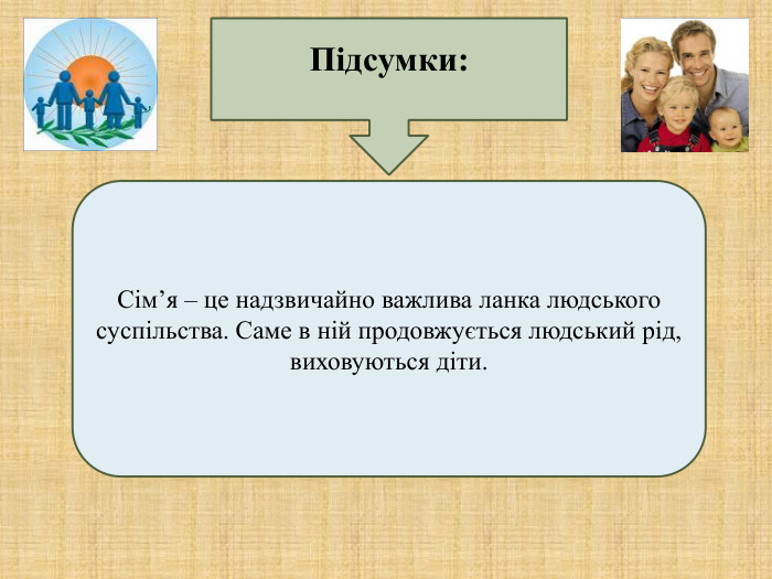 Підсумки:  Сім’я – це надзвичайно важлива ланка людського суспільства. Саме в ній продовжується людський рід, виховуються діти.  