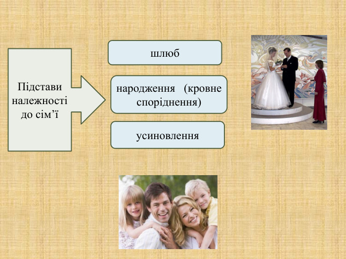 Підстави належності до сім’ї шлюб народження   (кровне споріднення)  усиновлення  